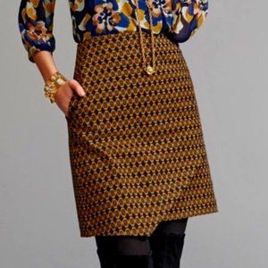 CAbi 3403 Standout Kensington Ponte Skirt Mustard Yellow & Navy Blue Print